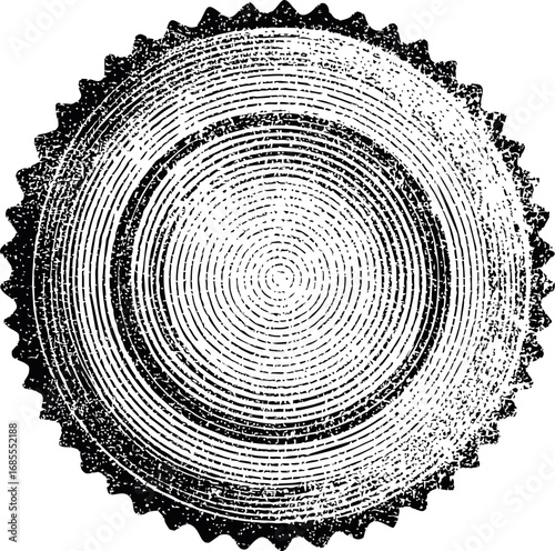 Cross section of a tree trunk with annual growth rings and textured details. Vector illustration
