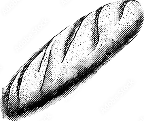 Black and white illustration of a baguette with detailed texture, retro style. Vector illustration