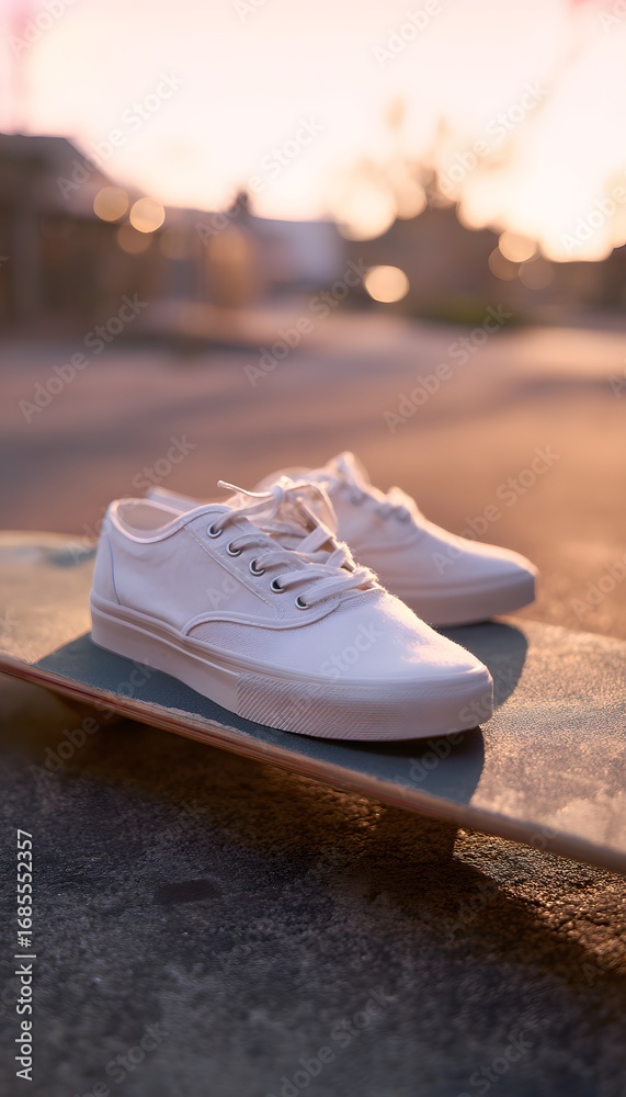 Naklejka premium Close-up white canvas sneakers on skateboard