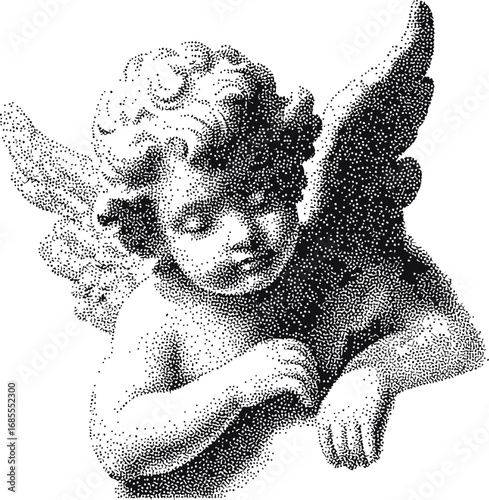 Cherubic angel in grayscale pointillism style, detailed winged celestial art. Vector illustration