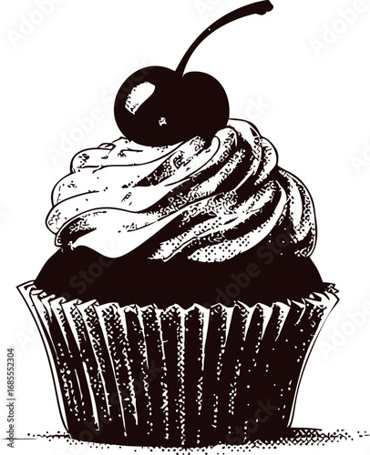 Black and white sketch of a cupcake with cherry on top, vintage dessert art. Vector illustration