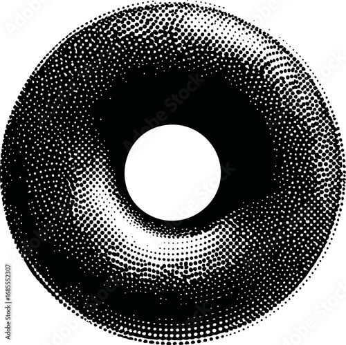 Black and white halftone donut pattern with circular gradient design. Vector illustration