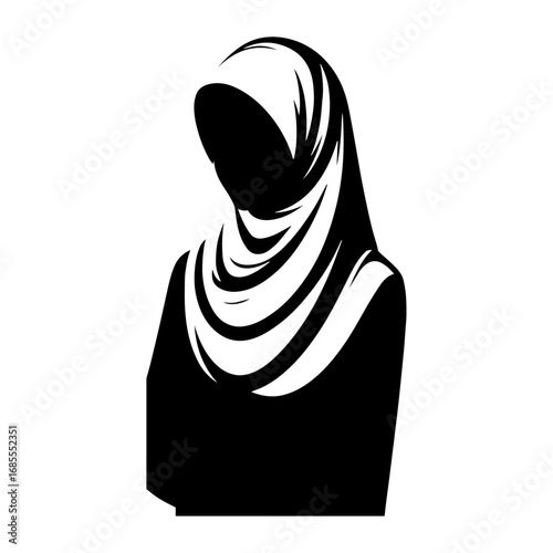 Black and white vector silhouette of a Hijabi woman on white background 