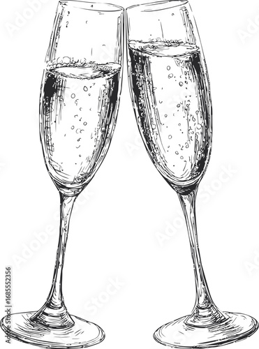 Two champagne glasses clinking in a detailed line drawing sketch style. Vector illustration