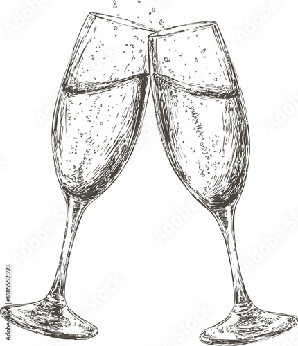Sketch of two clinking champagne glasses with bubbles, celebration theme. Vector illustration