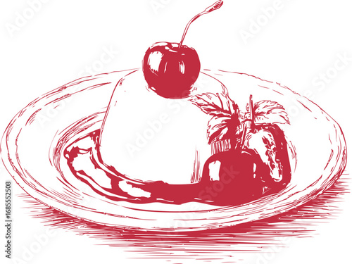 Sketch of dessert with cherry and strawberry topped sauce on white plate. Vector illustration