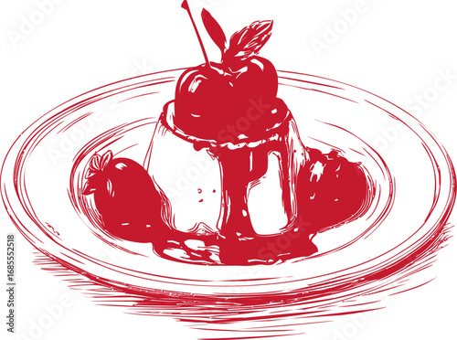 Red sketch of panna cotta with cherry sauce on a plate, artistic sketch style. Vector illustration