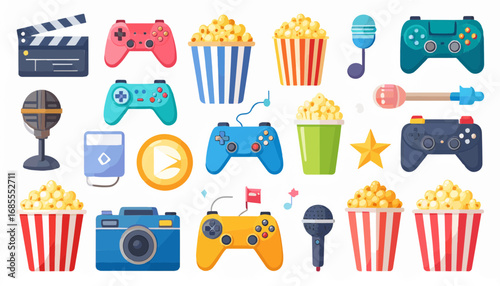 Flat vector entertainment and media icons including music, movie, gaming, and microphone