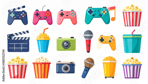 Flat vector entertainment and media icons including music, movie, gaming, and microphone
