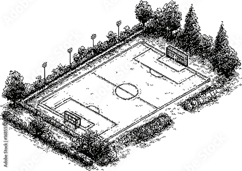 Bird's-eye view of a detailed soccer field sketch surrounded by trees. Vector illustration