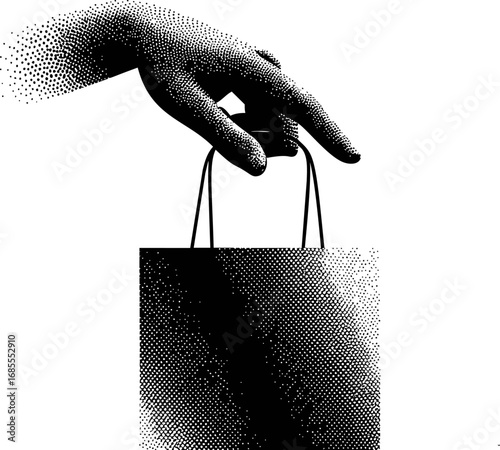 Halftone hand holding a shopping bag in black and white, modern art concept. Vector illustration