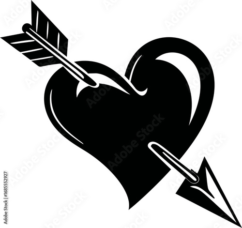 Black heart pierced by an arrow in a tattoo style design. Vector illustration