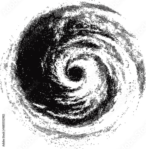 Black and white abstract spiral resembling a vortex in pointillism style. Vector illustration
