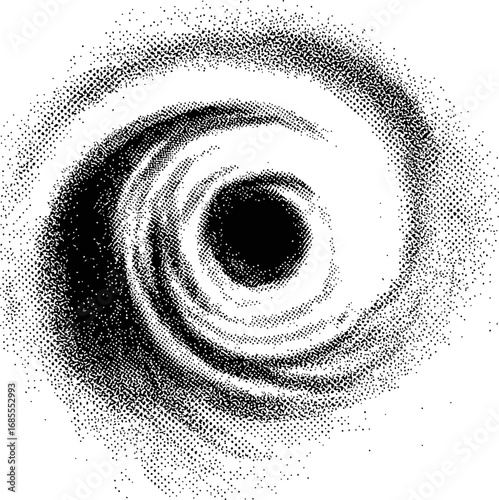 Abstract black and white swirling vortex pattern in halftone style. Vector illustration