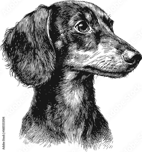 Detailed black and white sketch illustration of a dachshund with expressive eyes. Vector illustration