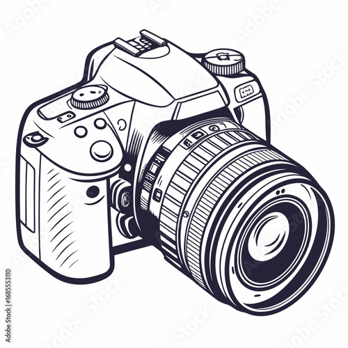 Detailed illustration of a modern dslr camera with a large lens and intricate details