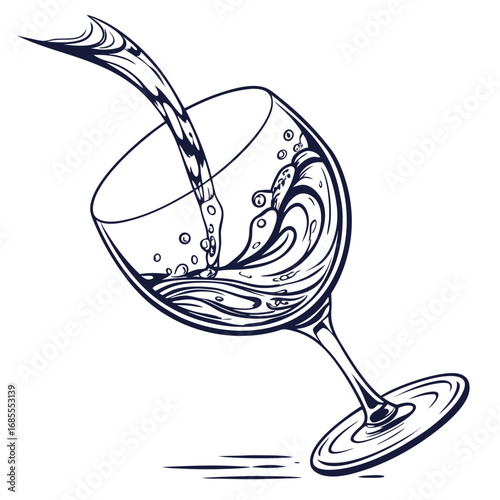 Dynamic illustration of liquid being poured into a tilted wine glass creating energetic splashes and bubbles
