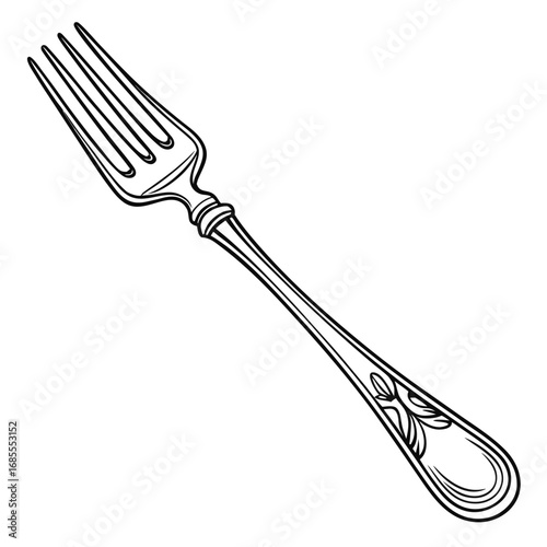 Elegant antique silver fork with ornate detailing on the handle and tines isolated on white