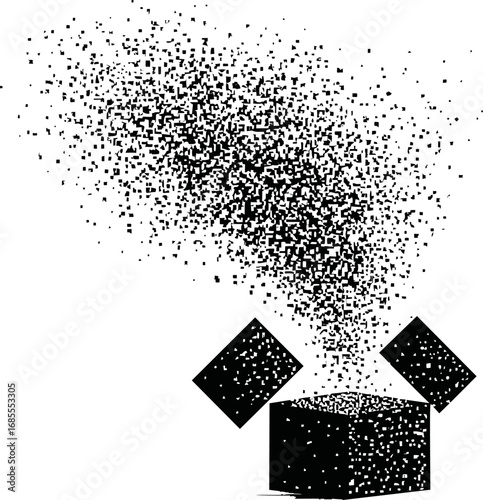 Black pixels erupting from an open cube creating a dynamic abstract pattern. Vector illustration