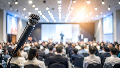 A large conference room filled with people listening to a presentation
