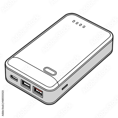 Modern portable power bank with usb c and usb a ports and indicator lights on white background