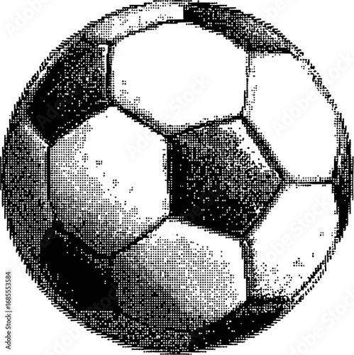 Black and white vintage style soccer ball illustration with dot shading. Vector illustration