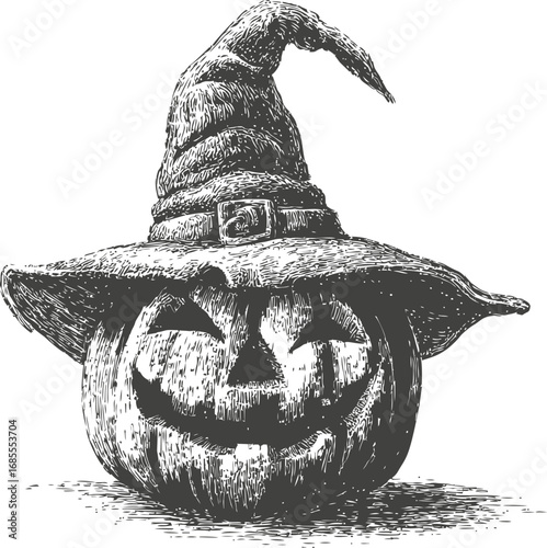 Halloween pumpkin with witch hat in black and white sketch style. Vector illustration