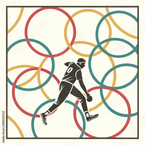 Silhouette of a baseball player in action against a backdrop of interlocking olympic rings