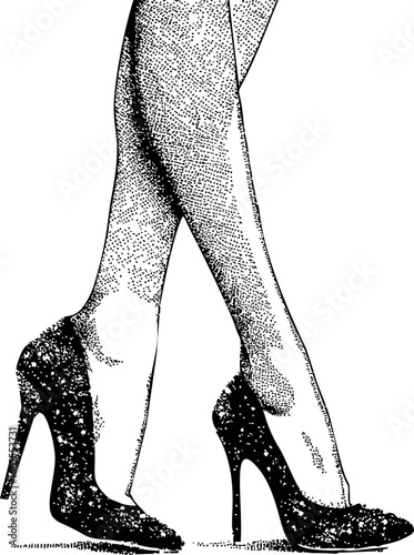 Elegant dotted illustration of legs in black high heels, vintage art style. Vector illustration