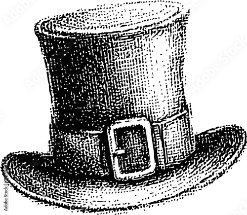 Vintage black and white engraving of a top hat with buckle details. Vector illustration