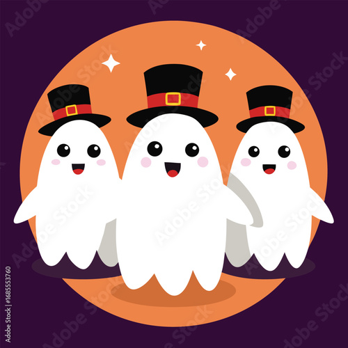 A spooky ghost cartoon vector illustration of a funny boy penguin and his couple of toy animal friends having fun on a winter holiday