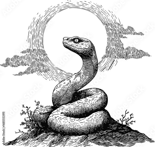 Snake coiled on a rock with sun and clouds in a vintage sketch style. Vector illustration