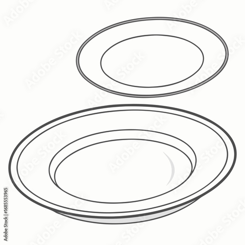 Two clean white ceramic plates with thin grey borders stacked and isolated on a white background