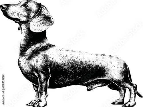 Engraved illustration of a dachshund dog in black and white, vintage style art. Vector illustration