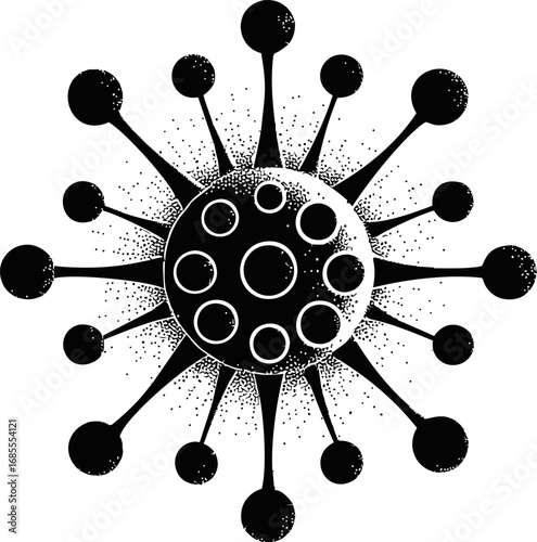 Black and white illustration of a virus with spikes and circular patterns. Vector illustration