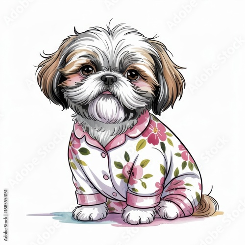 Cute Watercolor Illustration of a Dog in Floral Pajamas Sitting Comfortably at Home