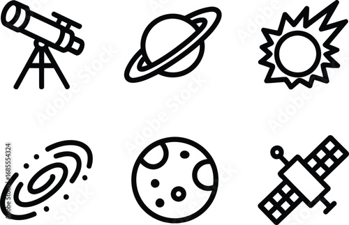 Cosmic Exploration Icons Set Featuring Telescope, Planet Saturn, Sun, Galaxy, Moon, and Satellite Imagery for Space Exploration Projects