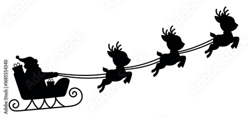 Christmas silhouette of Santa Claus in sleigh with reindeer flying in the sky. Festive winter holiday illustration for greeting card, decoration, print, New Year celebration, Xmas design element