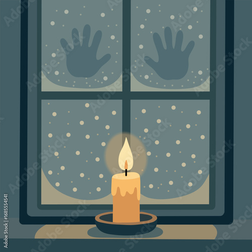 Frosted window with candle, children’s handprints and falling snow, warm inside and cold outside.