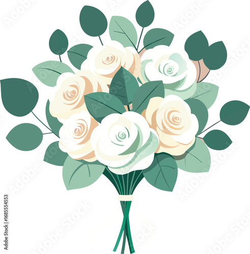 Elegant bouquet of white roses with green leaves for wedding or special occasion