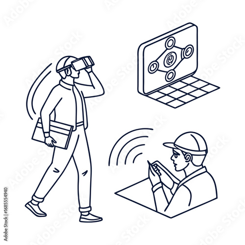 Vector illustration of workers with laptop and smartphone