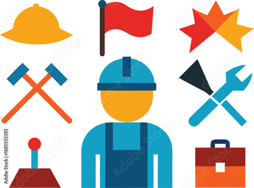 Labor day worker icons collection featuring tools flags and hard hat vector illustration