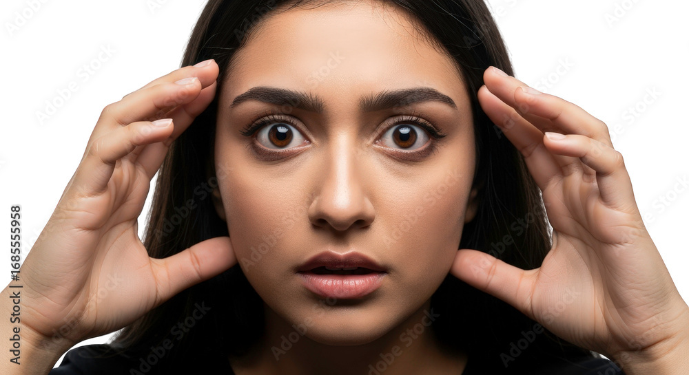 Fototapeta premium Young woman with dark hair and dark eyes, hands on her face, looking surprised, isolated on transparent background facial expressions, human feelings