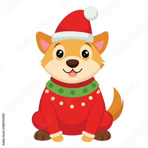 A happy cartoon Santa Claus in a red hat with his pet dog in a Christmas gift illustration