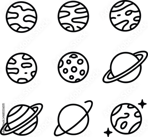 Nine Black and White Planetary Icons Depicting a Variety of Different Planets with Unique Surface Markings and Rings and Accompanying Stars