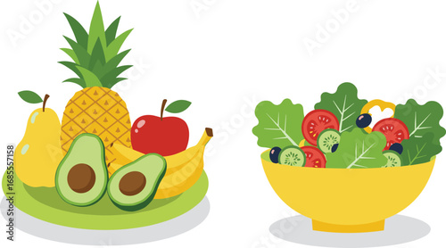 Fresh fruit and vegetable vector illustration with pineapple, avocado, apple, banana, pear, healthy green salad bowl, tomato cucumber leaves mix