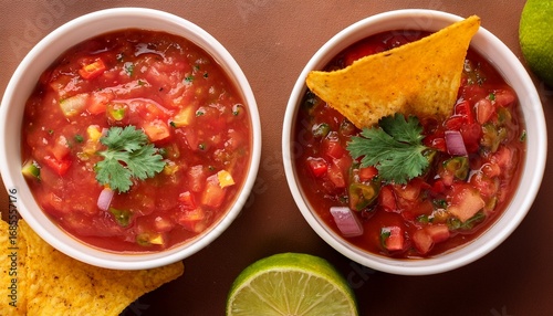 two small bowls of salsa accompanied by tortilla chips and limes displayed on a brown surface a top down view showcases the food presentation