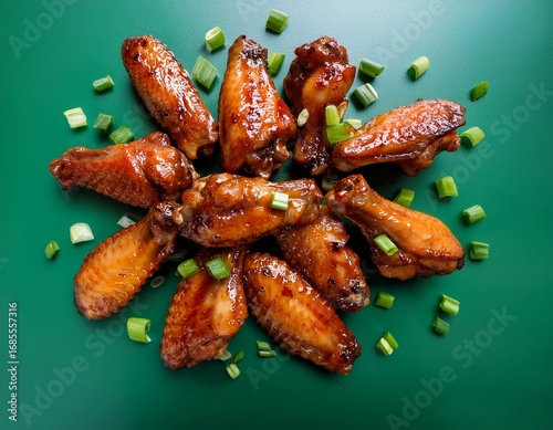 high angle close up view of a pile of glazed crispy chicken wings garnished with green onions arranged on a bright green surface