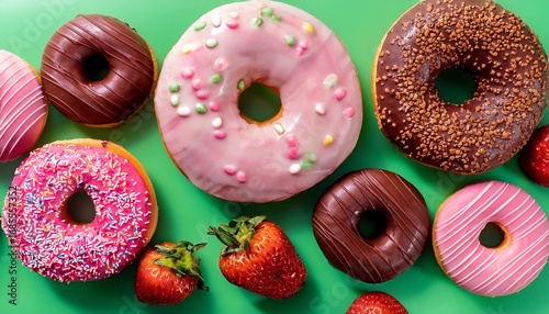 donuts above food icing chocolate strawberry round square pink green background
