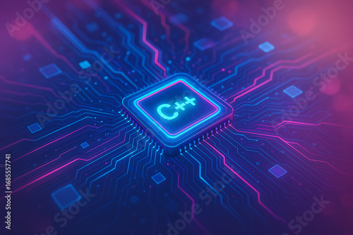 Plakat Neon glowing processor chip with C plus plus programming symbol futuristic software coding and advanced computing technology